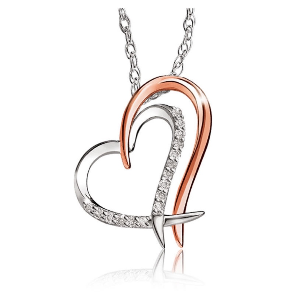 Diamond dbl heart pendant 10k white silver & gold
